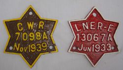 2 x Star wagon plates. GWR 7098A together with LNER 13067 A. Both repainted condition.