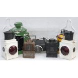 A collection of railway lamps to include. 2 x BR Tail lamps. 3 x Signal lamps, 2 with interiors with