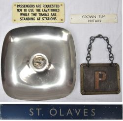 A collection of miscellaneous items to include an metal ST OLAVES sign. An ash tray (Non railway