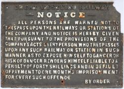 GWR pre grouping cast iron trespass notice. NOTICE. ALL PERSONS ARE WARNED... Original condition but