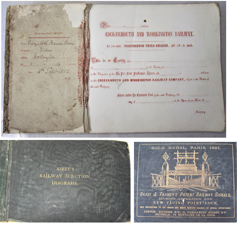 A binder containing a large number of un issued COCKERMOUTH AND WOKINGTON RAILWAY Share certificates