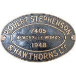 Worksplate ROBERT STEPHENSON & HAWTHORNS LTD NEWCASTLE WORKS 7405 1948 ex 0-4-0 ST numbered 7 and
