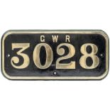 GWR brass cabside numberplate GWR 3028 ex Robinson Rod 2-8-0 built by Nasmyth Wilson as works number