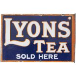Advertising enamel sign LYONS' TEA SOLD HERE. Double sided with wall mounting flange, measures