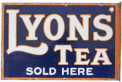 Advertising enamel sign LYONS' TEA SOLD HERE. Double sided with wall mounting flange, measures