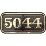 GWR brass cabside numberplate 5044 ex GWR Collett Castle 4-6-0 Earl Of Dunraven. Nicely face