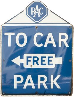 Motoring enamel sign RAC TO FREE CAR PARK with left facing arrow. In very good as removed