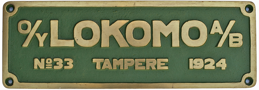 Worksplate LOKOMO O/Y A/B TAMPERE No33 1924 from one of 23 Finnish State Railways 5 foot gauge Class