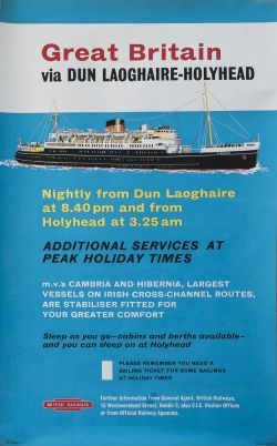 Poster BR GREAT BRITAIN VIA DUN LAOGHAIRE - HOLYHEAD by Studio Seven. Double Royal 25in x 40in. In