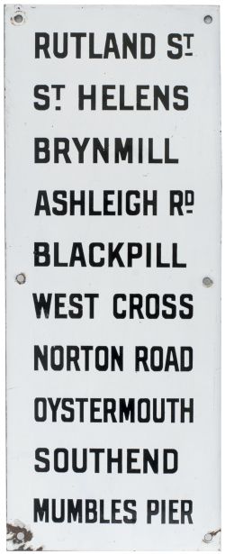 Swansea and Mumbles Railway destination enamel sign listing RUTLAND ST, ST HELENS, BYRNMILL,