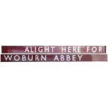 BR(M) station sign ALIGHT HERE FOR WOBURN ABBEY from Leighton Buzzard station.