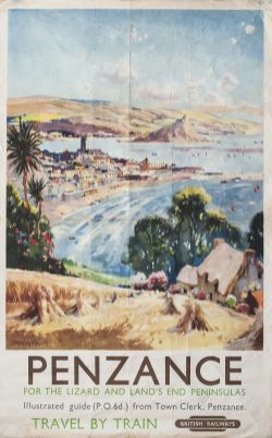 Poster BR(W) PENZANCE FOR THE LIZARD AND LAND'S END PENINSULAS by Jack Merriott 1962. Double Royal