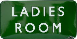 BR(S) FF enamel sign LADIES ROOM. In good condition with some edge chipping. Measures 24in x 12in.