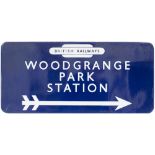 BR(E) FF station direction enamel sign WOODGRANGE PARK with British Railways totem in the top and