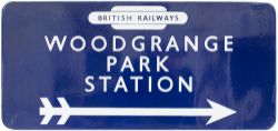 BR(E) FF station direction enamel sign WOODGRANGE PARK with British Railways totem in the top and