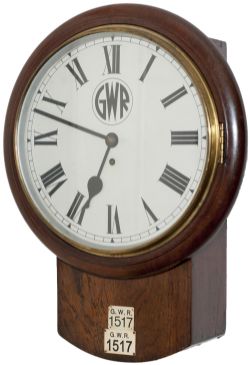 Great Western Railway 12 inch mahogany cased drop dial fusee railway clock with a rectangular plated