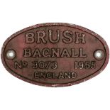 Diesel worksplate BRUSH BAGNALL No 3074 1955 ex Diesel that worked at CWM Colliery, Beddau. Oval