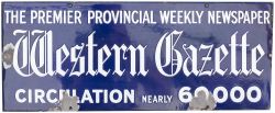 Advertising enamel sign WESTERN GAZETTE THE PREMIER PROVINCIAL WEEKLY NEWSPAPER CIRCULATION NEARLY