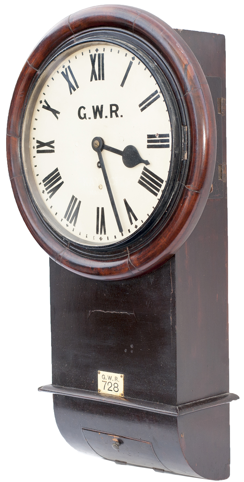 Great Western Railway 12 inch mahogany cased drop dial trunk fusee railway clock with a large