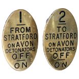 GWR brass lever leads a pair. 1 FROM STRATFORD on AVON DETONATORS OFF ON and 2 TO STRATFORD on