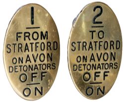 GWR brass lever leads a pair. 1 FROM STRATFORD on AVON DETONATORS OFF ON and 2 TO STRATFORD on