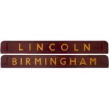 BR wooden carriage board BIRMINGHAM - LINCOLN. Measures 28in x 3.25in and is in very good ex railway