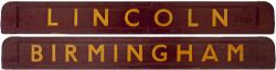 BR wooden carriage board BIRMINGHAM - LINCOLN. Measures 28in x 3.25in and is in very good ex railway