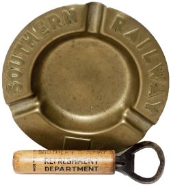 Southern Railway brass Ashtray embossed with full title in sunshine lettering, measures 4.5in