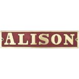 Nameplate ALISON ex 0-4-0 ST built by Avonside Engine Co as works number 1590 in 1910 and