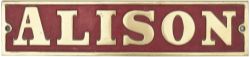 Nameplate ALISON ex 0-4-0 ST built by Avonside Engine Co as works number 1590 in 1910 and