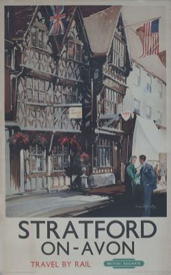 Poster BR(W) STRATFORD-ON-AVON THE GARRICK INN AND HARVARD HOUSE by Claude Buckle published in 1962.