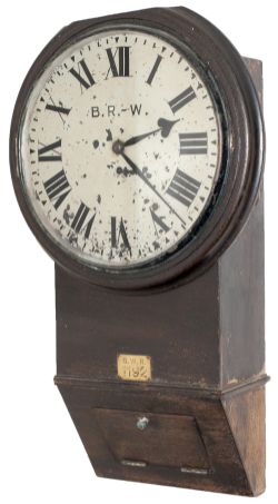 Great Western Railway 12 inch teak cased drop dial chisel bottom fusee railway clock with a large