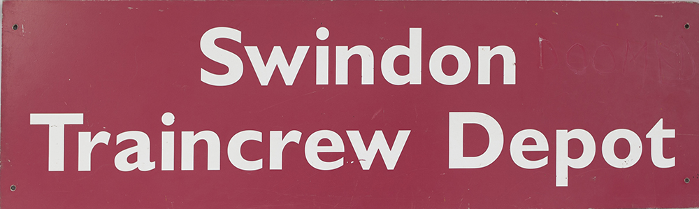 British Railways sign SWINDON TRAIN CREWE DEPOT. Screen printed aluminium in as removed condition.