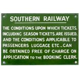 Southern Railway enamel sign re THE CONDITIONS UPON WHICH TICKETS ARE ISSUED etc. Measures 9in x 6in