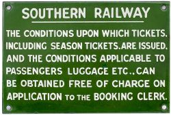 Southern Railway enamel sign re THE CONDITIONS UPON WHICH TICKETS ARE ISSUED etc. Measures 9in x 6in