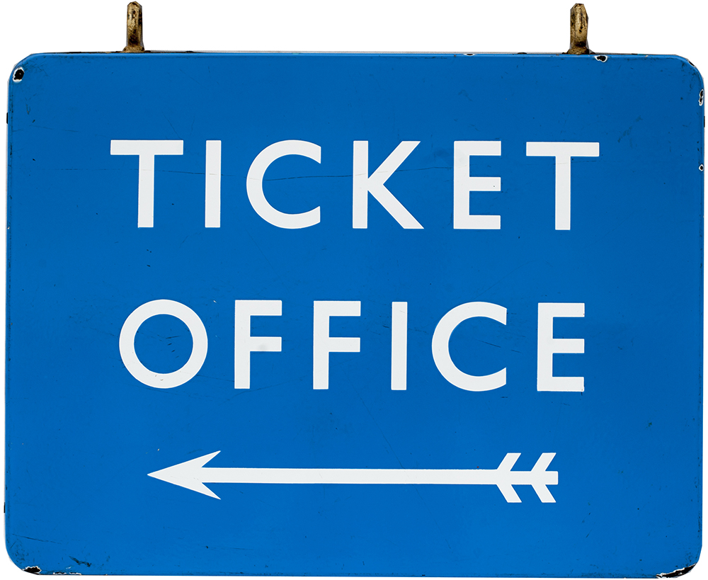 BR(Sc) FF enamel station sign TICKET OFFICE with left facing arrow. Double sided with reverse side