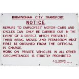 Birmingham City Transport motoring enamel sign re REPAIRS TO EMPLOYEES' MOTOR-CARS AND CYCLES etc.