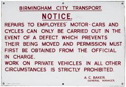 Birmingham City Transport motoring enamel sign re REPAIRS TO EMPLOYEES' MOTOR-CARS AND CYCLES etc.