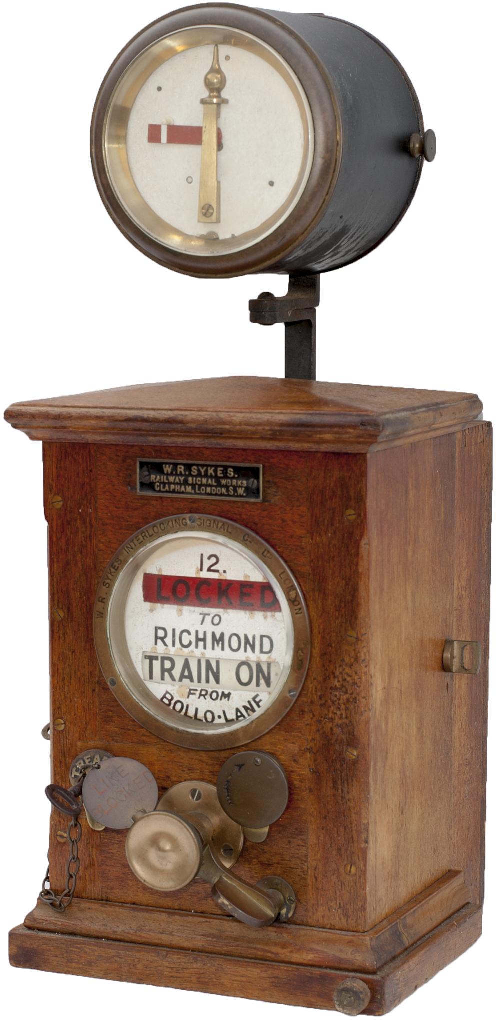 LSWR Sykes Lock and Block Instrument, dial painted 12 TO RICHMOND FROM BOLLO LANE. Complete with