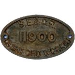 SECR cast iron wagon plate S.E.& C.R. ASHFORD WORKS 11900 ex Brakevan. Measures 10in x 6in and is