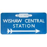 BR(Sc) FF station direction enamel sign WISHAW CENTRAL with British Railways totem in the top and