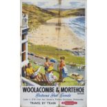 Poster BR(W) WOOLACOMBE & MORTEHOE DEVON BRITAINS BEST SANDS by Harry Riley 1962. Double Royal