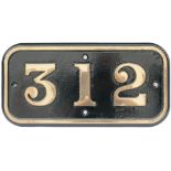 GWR brass cabside numberplate 312 ex Taff Vale Railway Cameron A Class 0-6-2 T originally numbered