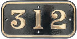 GWR brass cabside numberplate 312 ex Taff Vale Railway Cameron A Class 0-6-2 T originally numbered