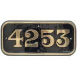 GWR brass cabside numberplate 4253 ex Churchward 2-8-0 T built at Swindon in 1917. Allocated to