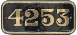 GWR brass cabside numberplate 4253 ex Churchward 2-8-0 T built at Swindon in 1917. Allocated to