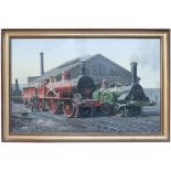Original oil painting on canvas of Stafford locomotive shed in 1860 by Gerald Broom. Depicts LNWR