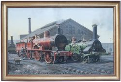 Original oil painting on canvas of Stafford locomotive shed in 1860 by Gerald Broom. Depicts LNWR