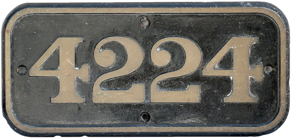 GWR brass cabside numberplate 4224 ex Churchward 2-8-0 T built at Swindon in 1913. Allocations