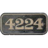 GWR brass cabside numberplate 4224 ex Churchward 2-8-0 T built at Swindon in 1913. Allocations